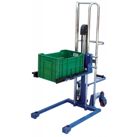 Box stacker features rubber-coated, adjustable clamps to prevent damage to boxes and crates.
